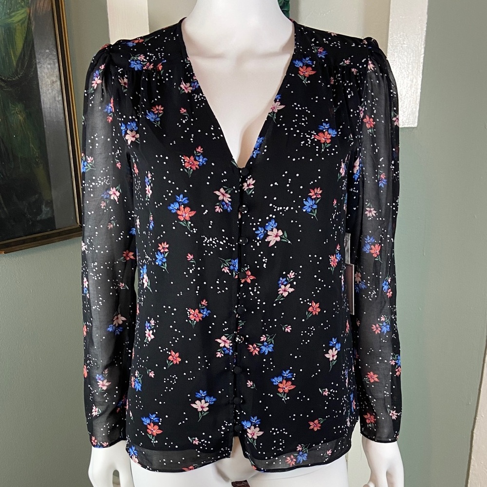 NWT New 1. State Blouse Floral sheer button down top shirt XS XSmall One State